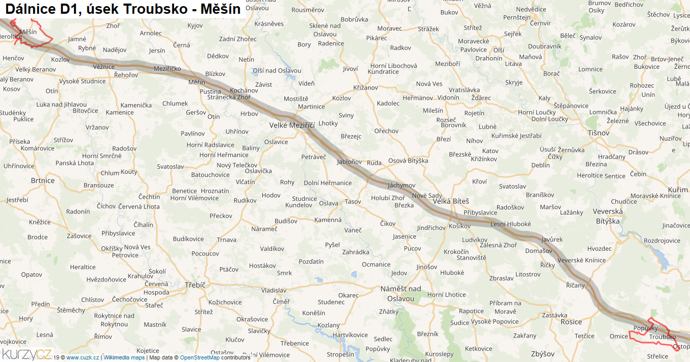 Úsek Troubsko - Měšín, Dálnice D1 - Mapa