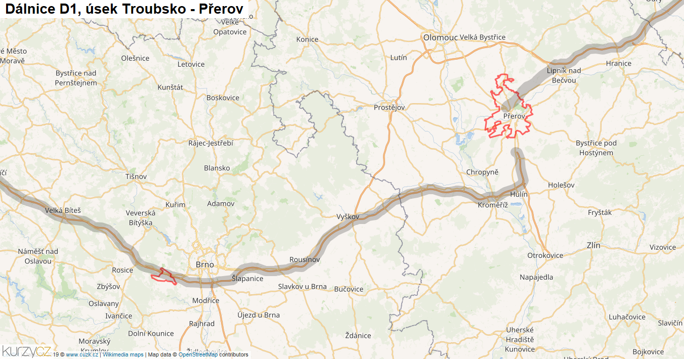 Úsek Troubsko - Přerov, Dálnice D1 - Mapa