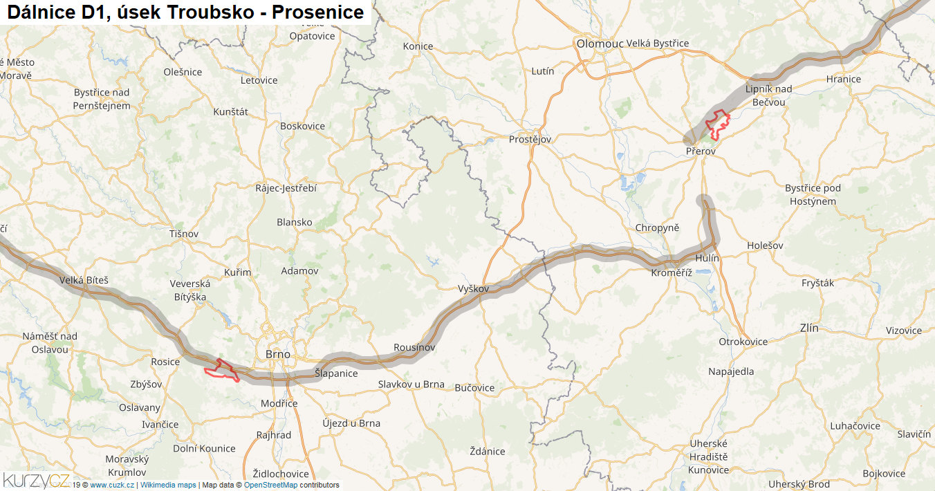 Úsek Troubsko - Prosenice, Dálnice D1 - Mapa