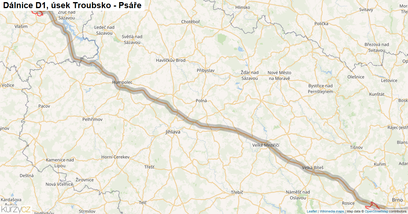 Úsek Troubsko - Psáře, Dálnice D1 - Mapa