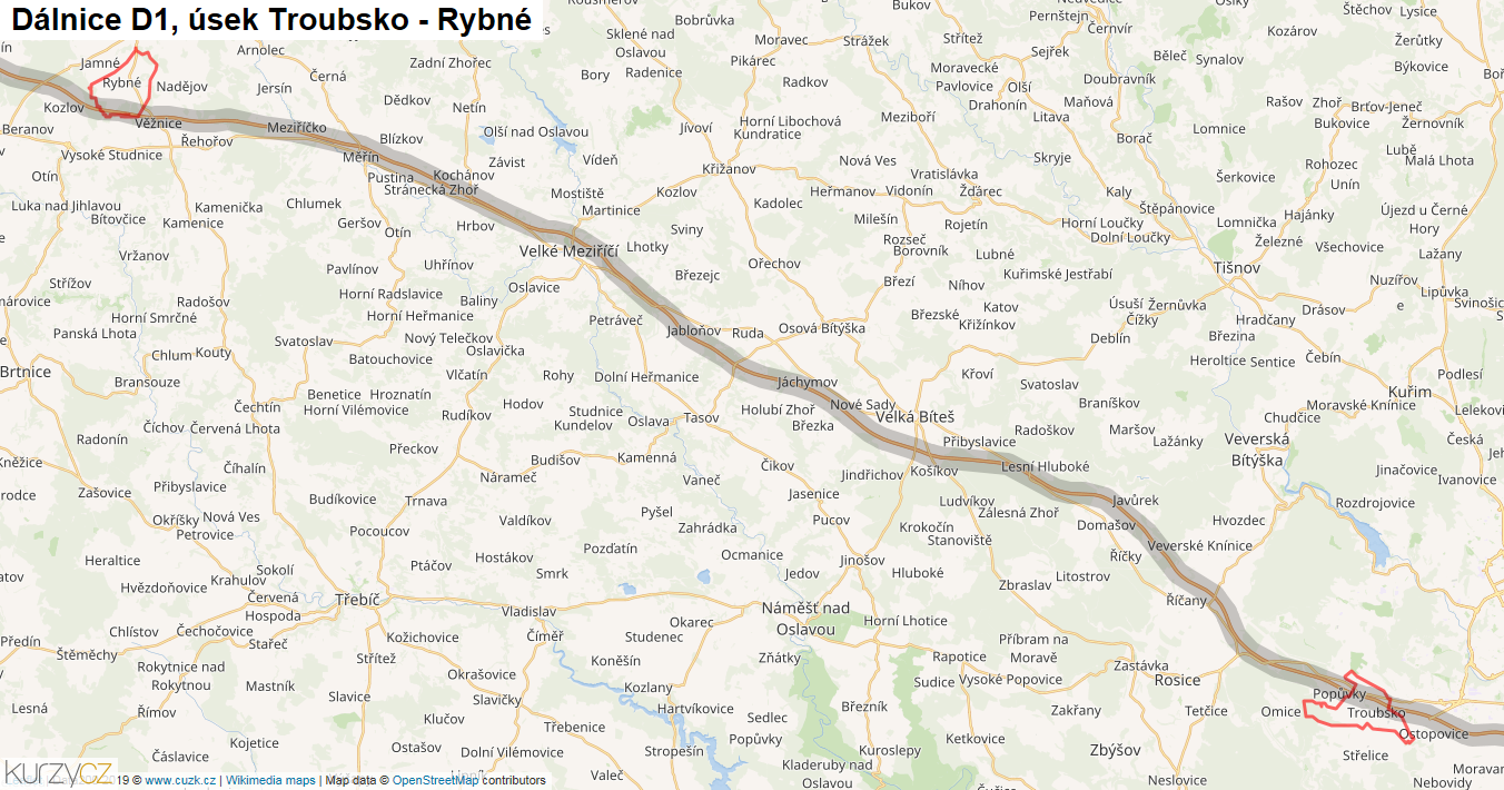 Úsek Troubsko - Rybné, Dálnice D1 - Mapa