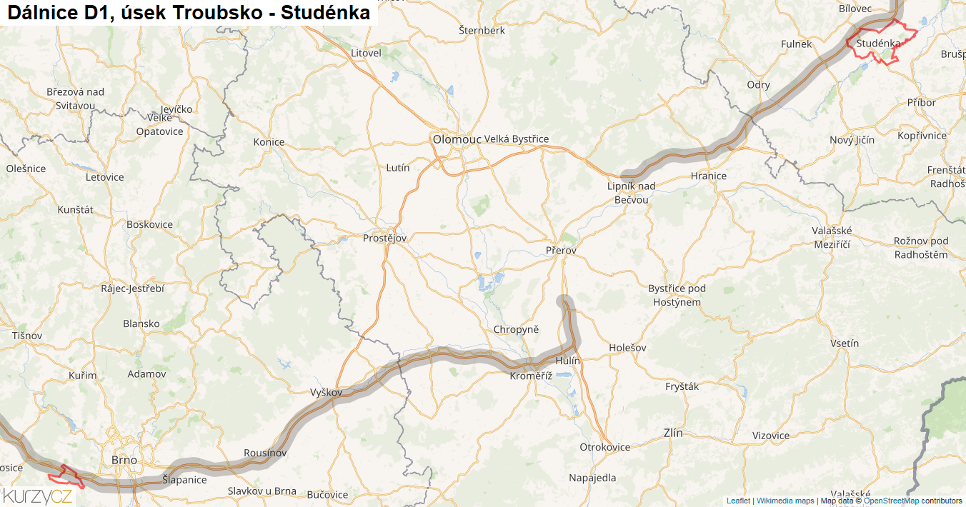 Úsek Troubsko - Studénka, Dálnice D1 - Mapa