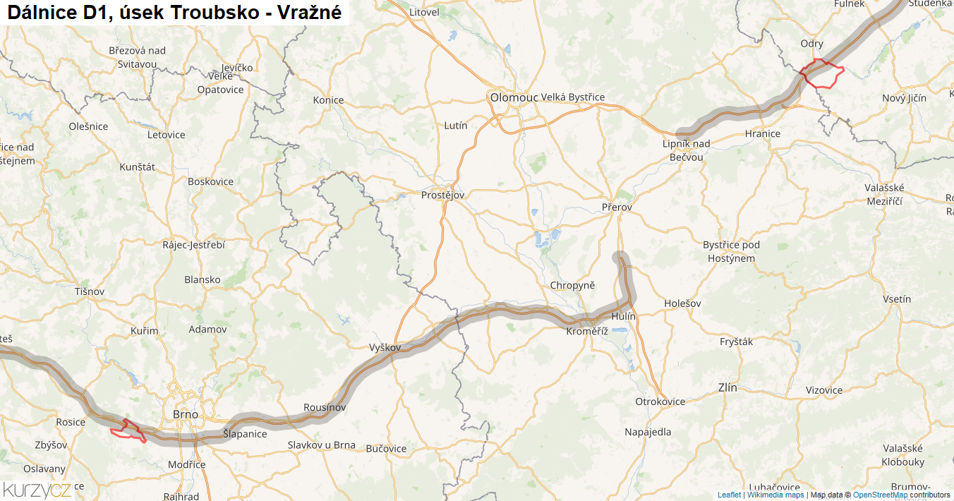 Úsek Troubsko - Vražné, Dálnice D1 - Mapa