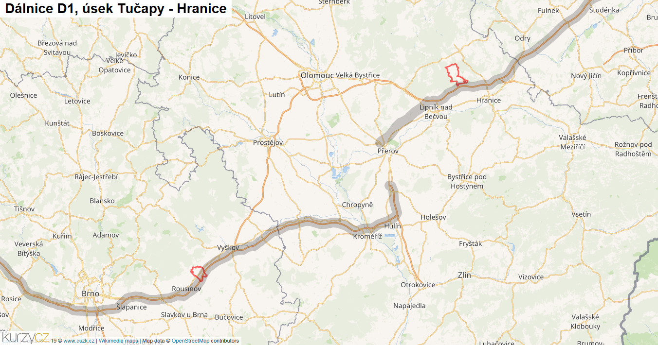 Úsek Tučapy - Hranice, Dálnice D1 - Mapa