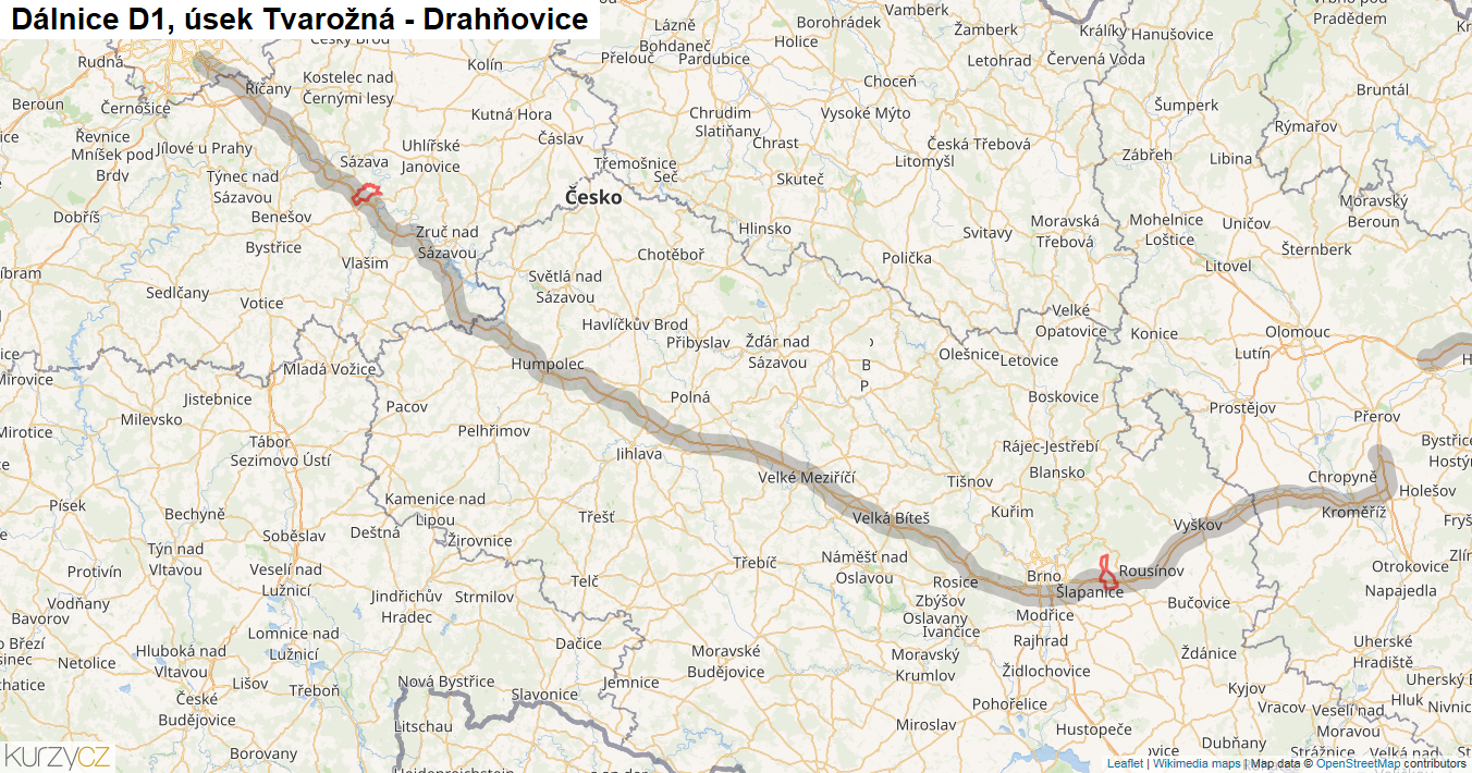 Úsek Tvarožná - Drahňovice, Dálnice D1 - Mapa