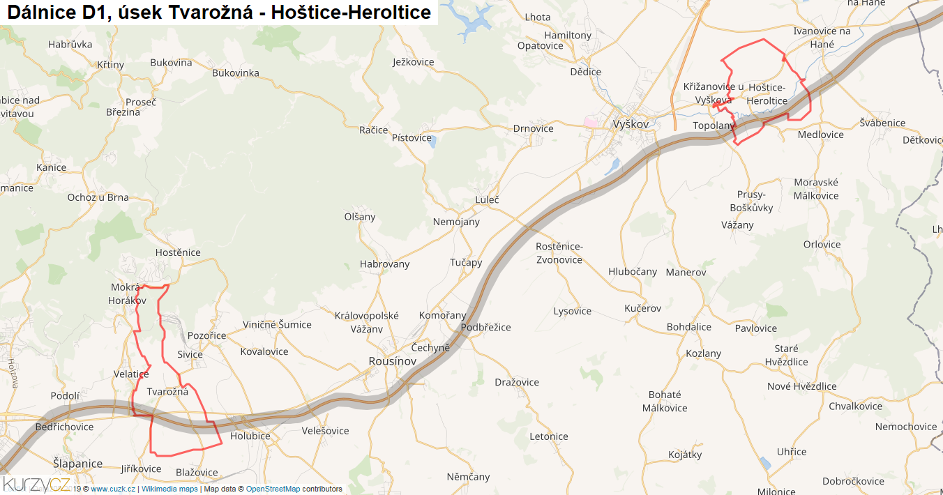 Úsek Tvarožná - Hoštice-Heroltice, Dálnice D1 - Mapa