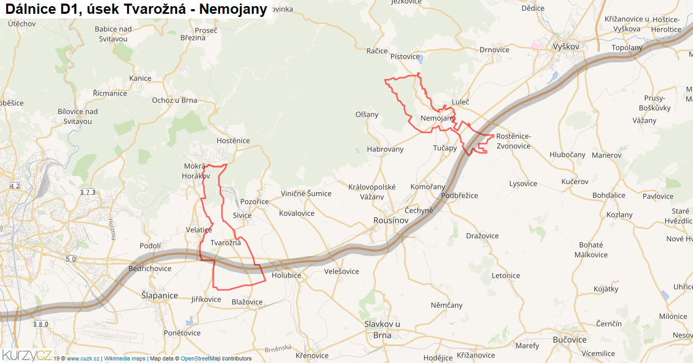 Úsek Tvarožná - Nemojany, Dálnice D1 - Mapa