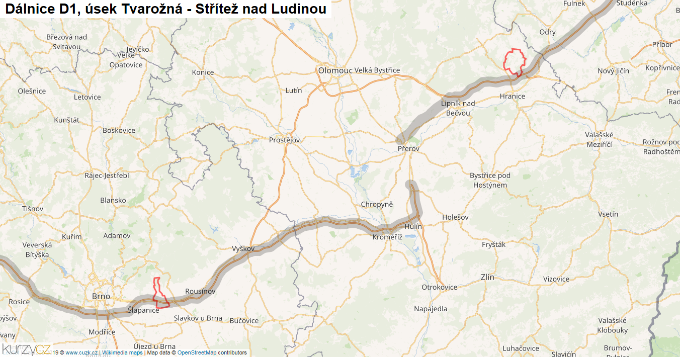 Úsek Tvarožná - Střítež nad Ludinou, Dálnice D1 - Mapa