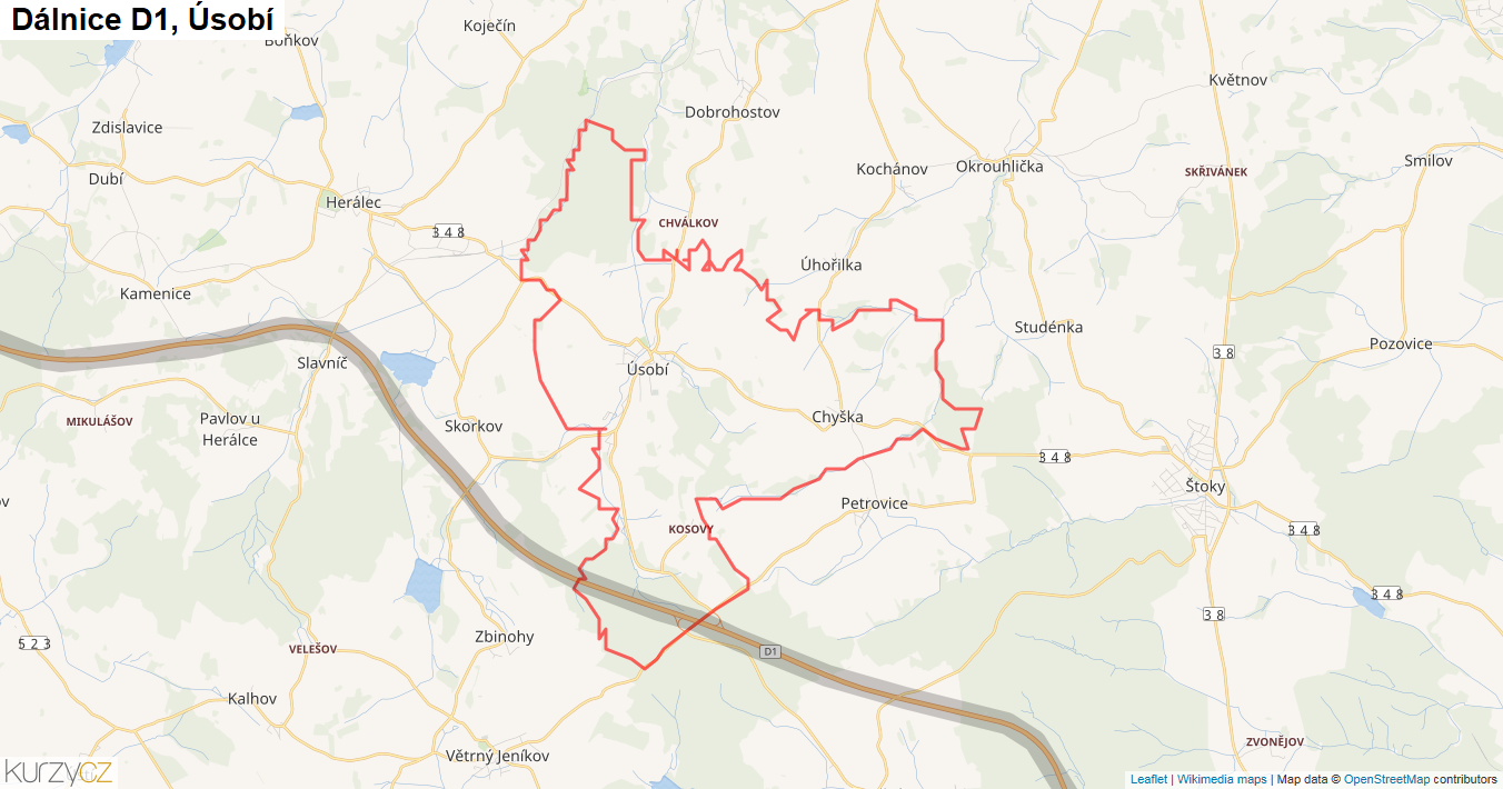Úsobí, Dálnice D1 - Mapa