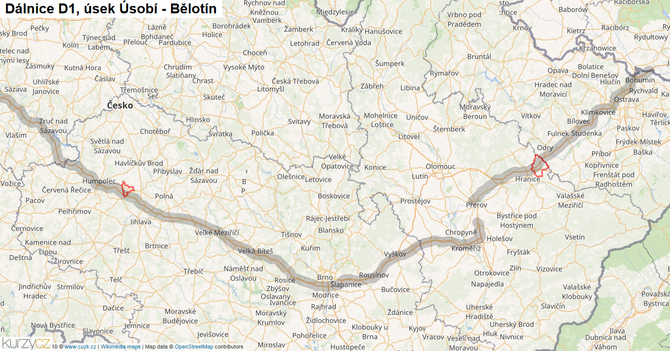 Úsek Úsobí - Bělotín, Dálnice D1 - Mapa