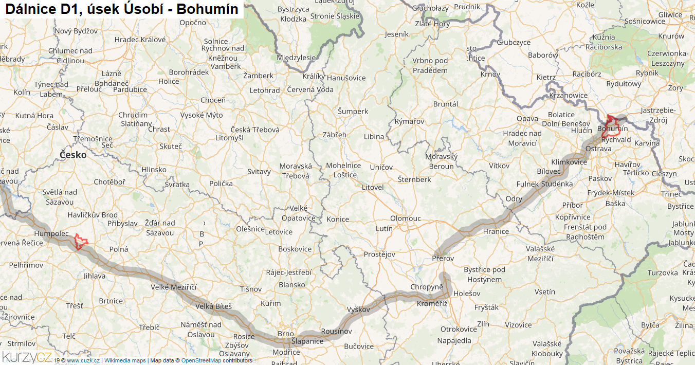 Úsek Úsobí - Bohumín, Dálnice D1 - Mapa