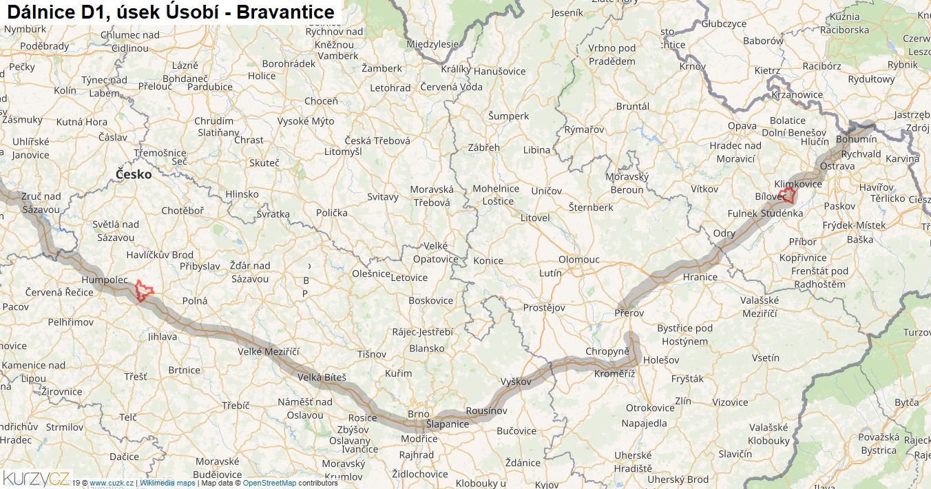 Úsek Úsobí - Bravantice, Dálnice D1 - Mapa