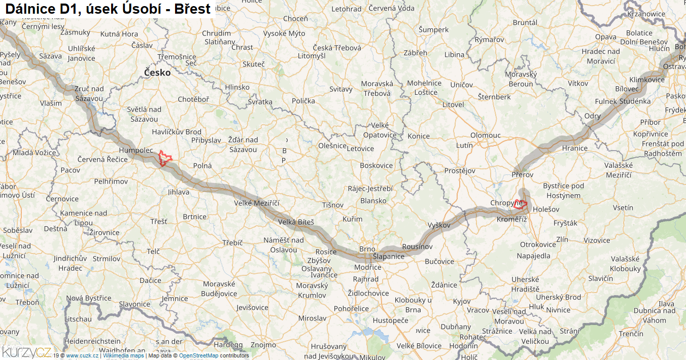 Úsek Úsobí - Břest, Dálnice D1 - Mapa