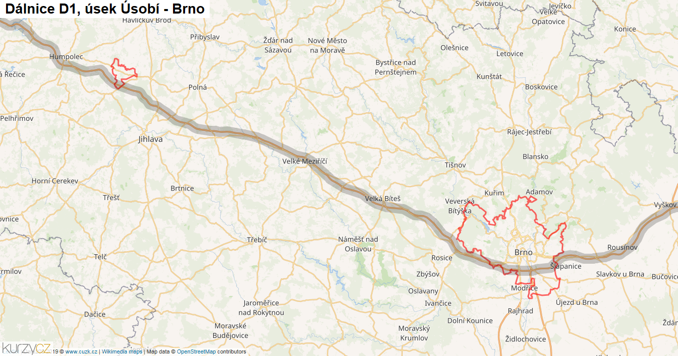 Úsek Úsobí - Brno, Dálnice D1 - Mapa