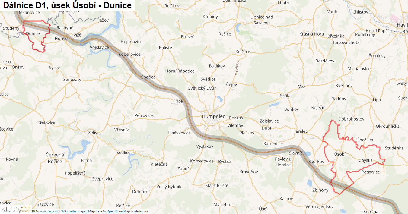Úsek Úsobí - Dunice, Dálnice D1 - Mapa