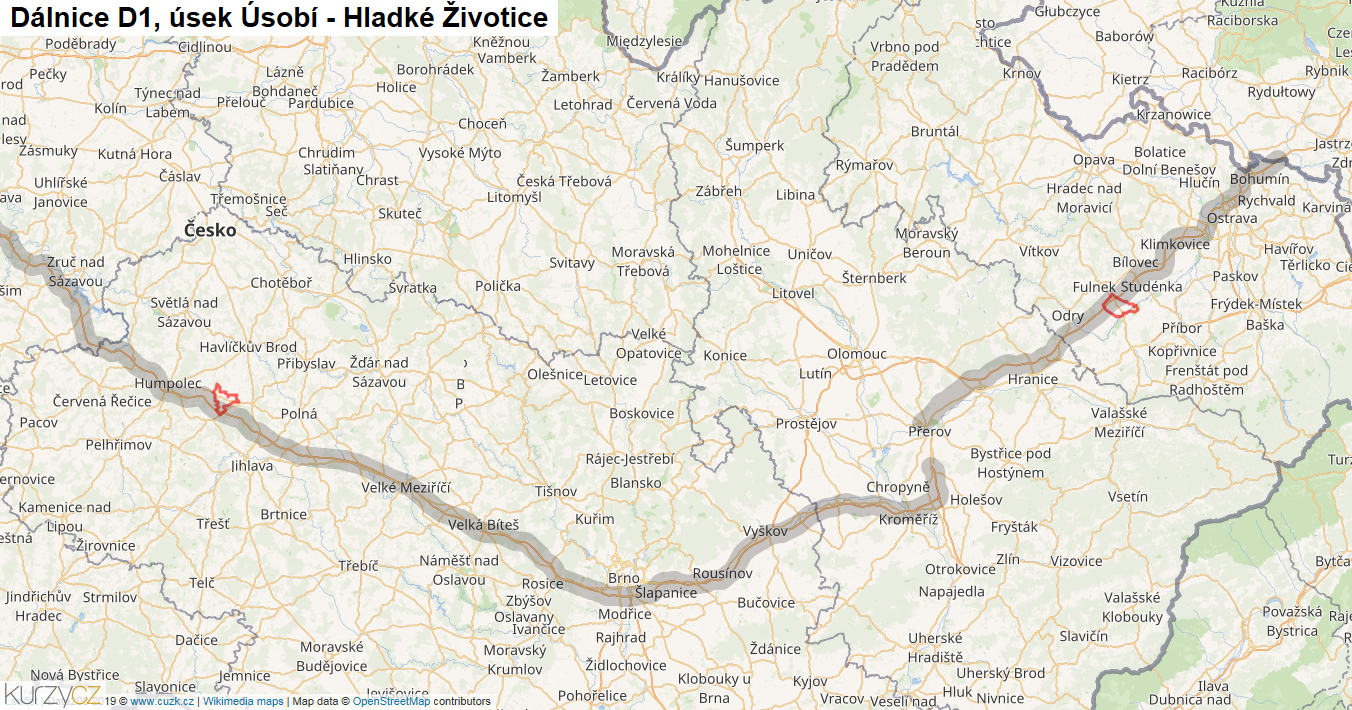 Úsek Úsobí - Hladké Životice, Dálnice D1 - Mapa