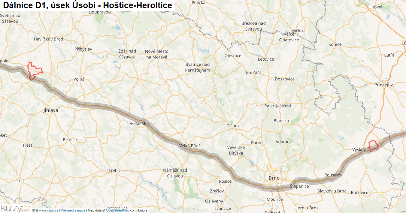 Úsek Úsobí - Hoštice-Heroltice, Dálnice D1 - Mapa