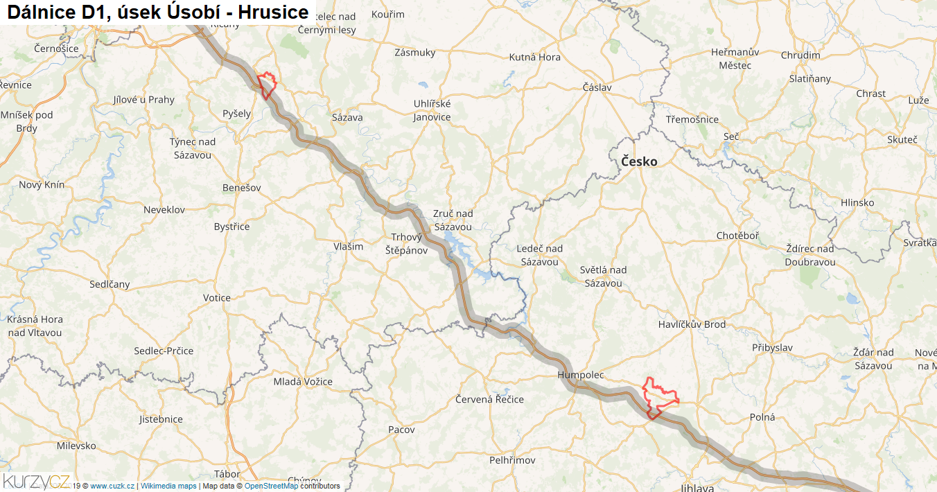 Úsek Úsobí - Hrusice, Dálnice D1 - Mapa