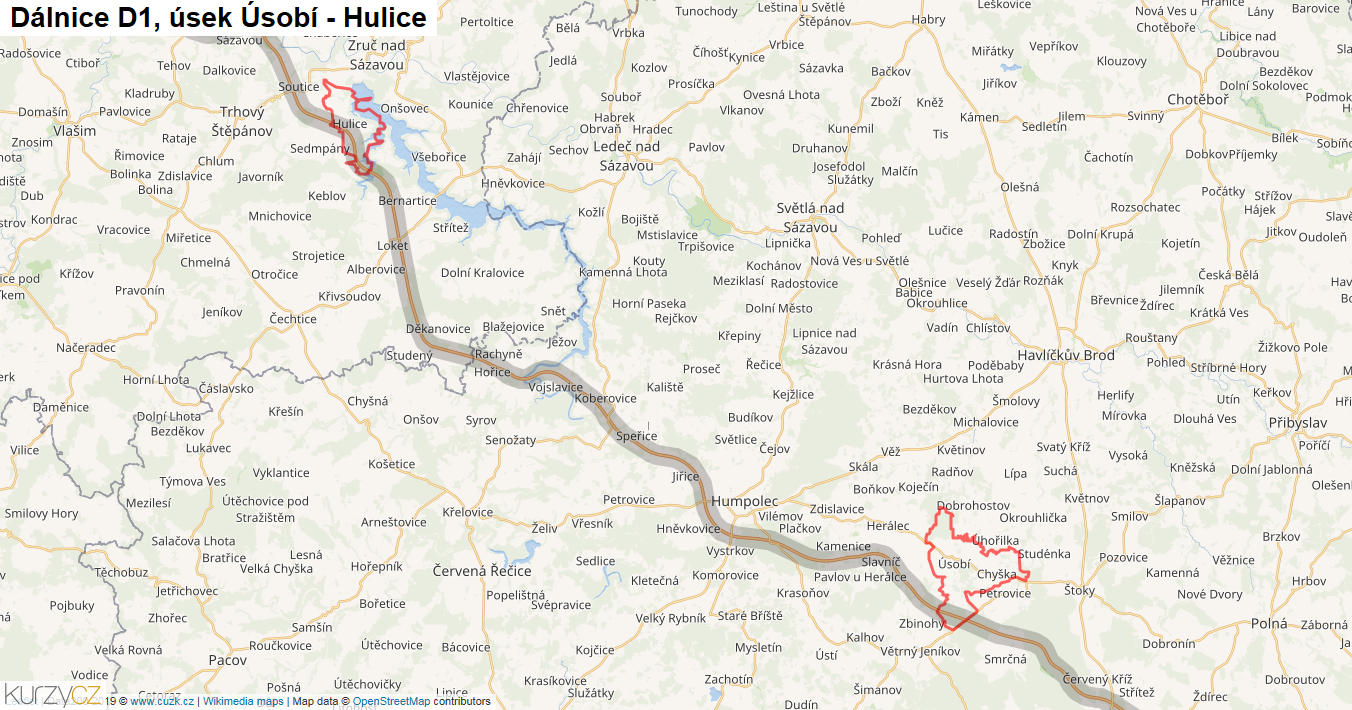Úsek Úsobí - Hulice, Dálnice D1 - Mapa