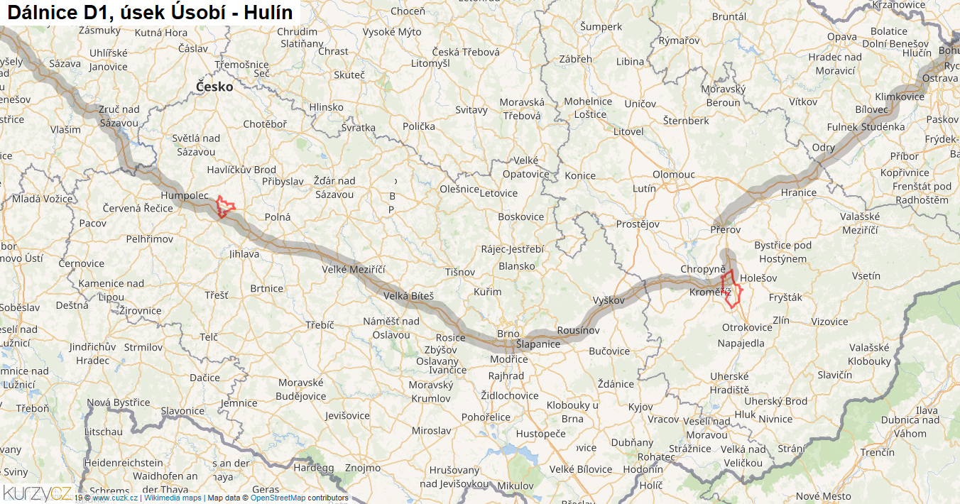 Úsek Úsobí - Hulín, Dálnice D1 - Mapa