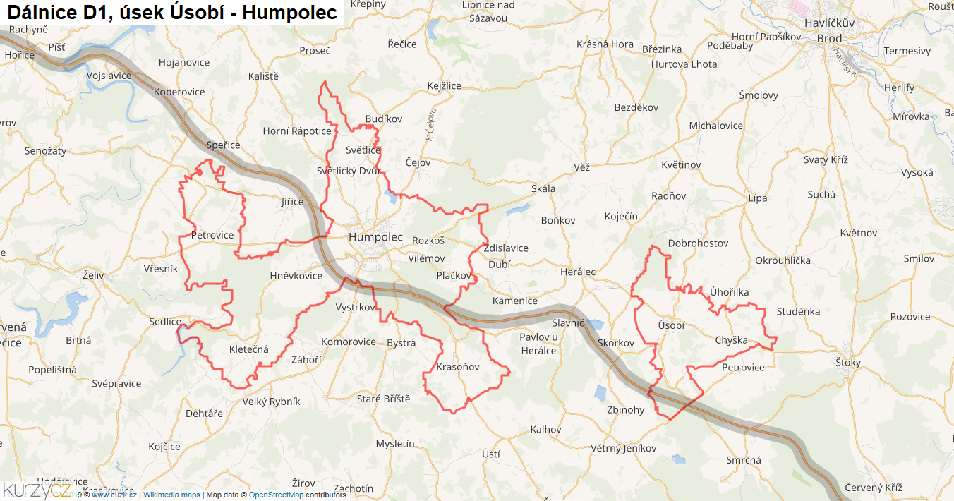 Úsek Úsobí - Humpolec, Dálnice D1 - Mapa