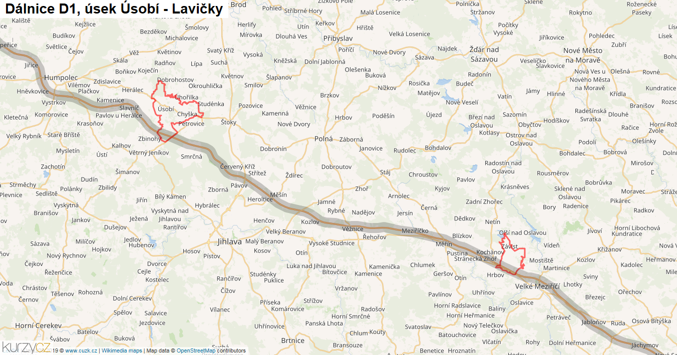 Úsek Úsobí - Lavičky, Dálnice D1 - Mapa