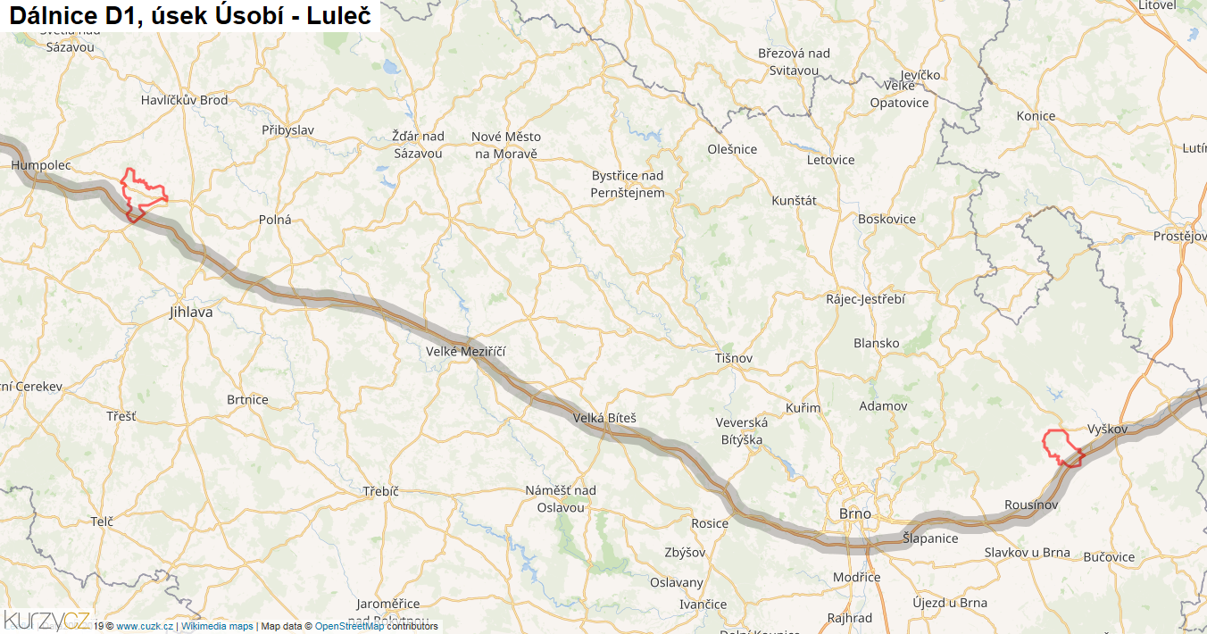 Úsek Úsobí - Luleč, Dálnice D1 - Mapa