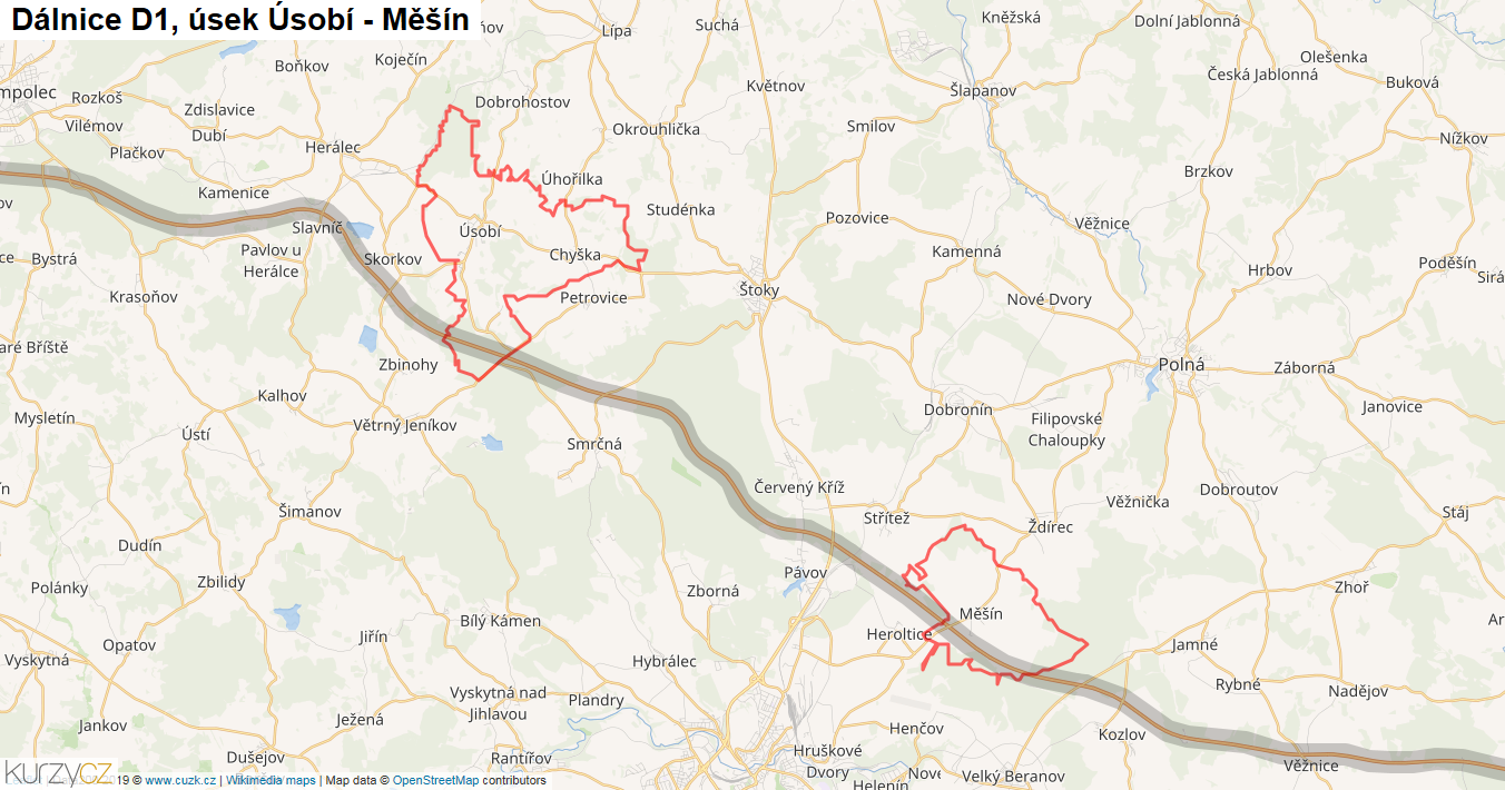 Úsek Úsobí - Měšín, Dálnice D1 - Mapa