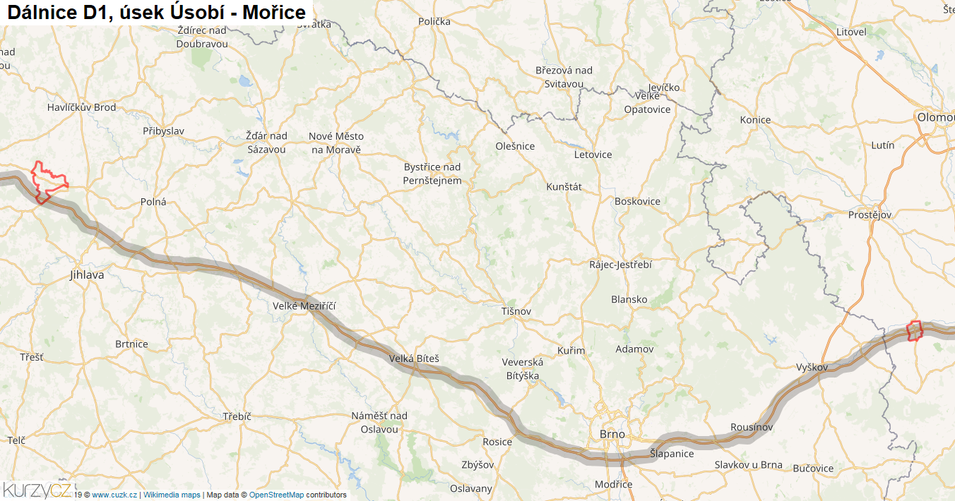 Úsek Úsobí - Mořice, Dálnice D1 - Mapa