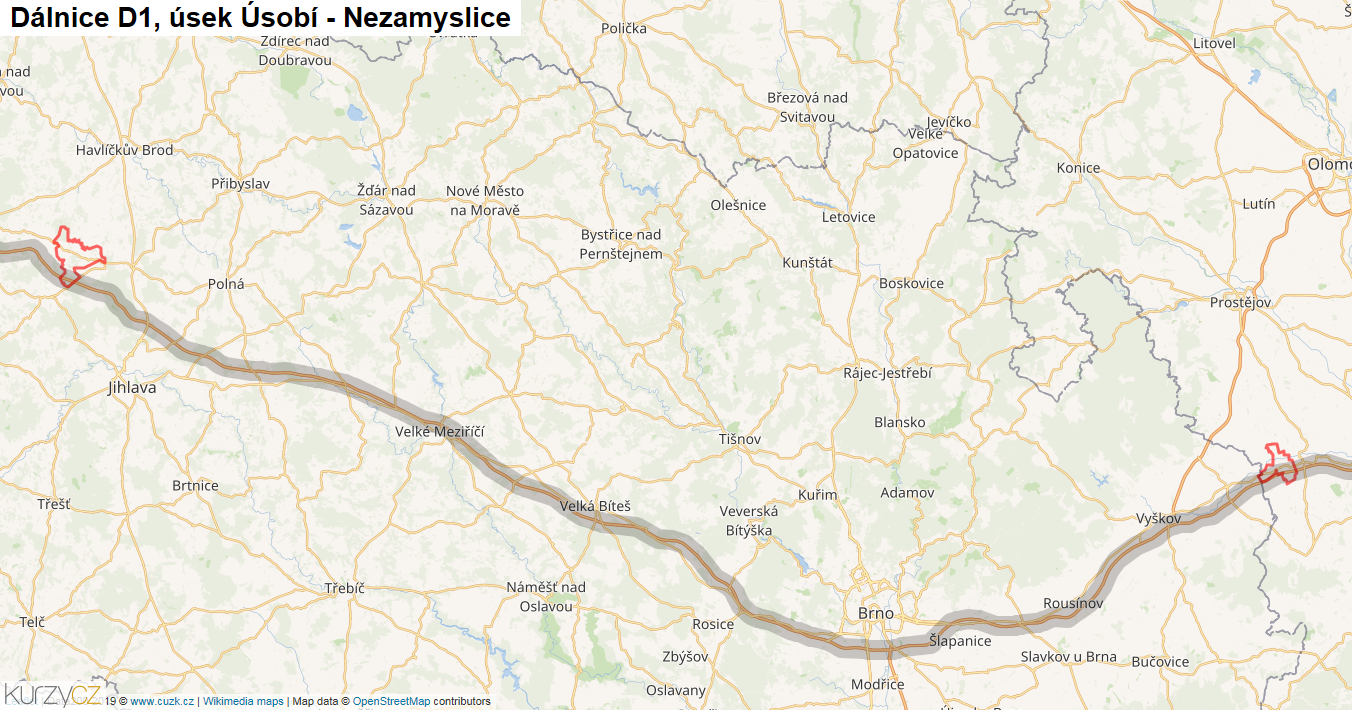 Úsek Úsobí - Nezamyslice, Dálnice D1 - Mapa