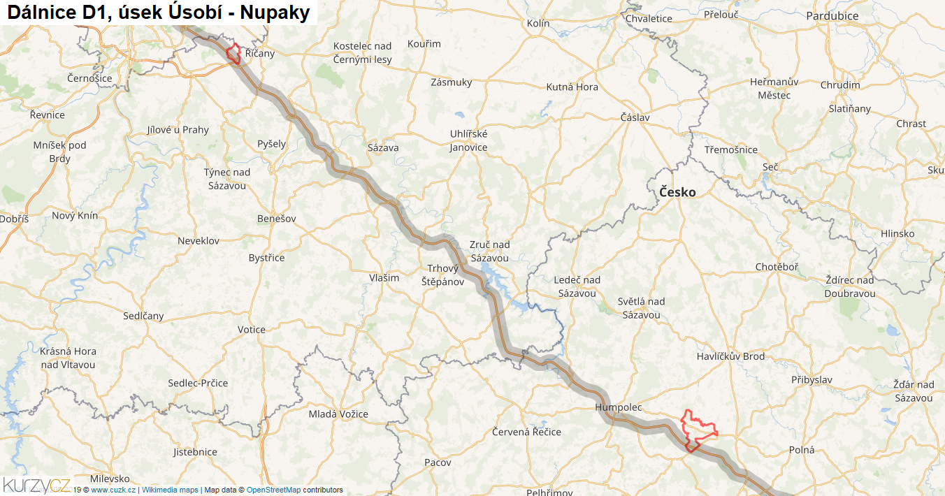 Úsek Úsobí - Nupaky, Dálnice D1 - Mapa