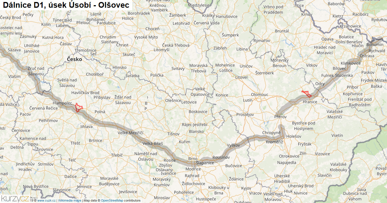Úsek Úsobí - Olšovec, Dálnice D1 - Mapa