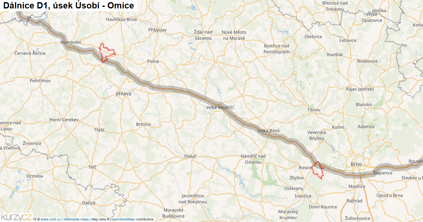 Úsek Úsobí - Omice, Dálnice D1 - Mapa