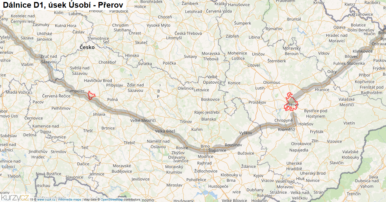 Úsek Úsobí - Přerov, Dálnice D1 - Mapa