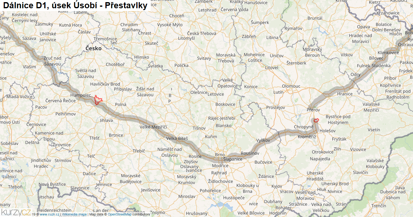 Úsek Úsobí - Přestavlky, Dálnice D1 - Mapa