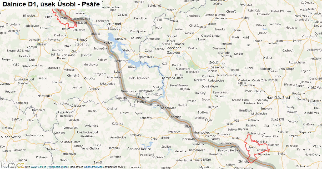 Úsek Úsobí - Psáře, Dálnice D1 - Mapa