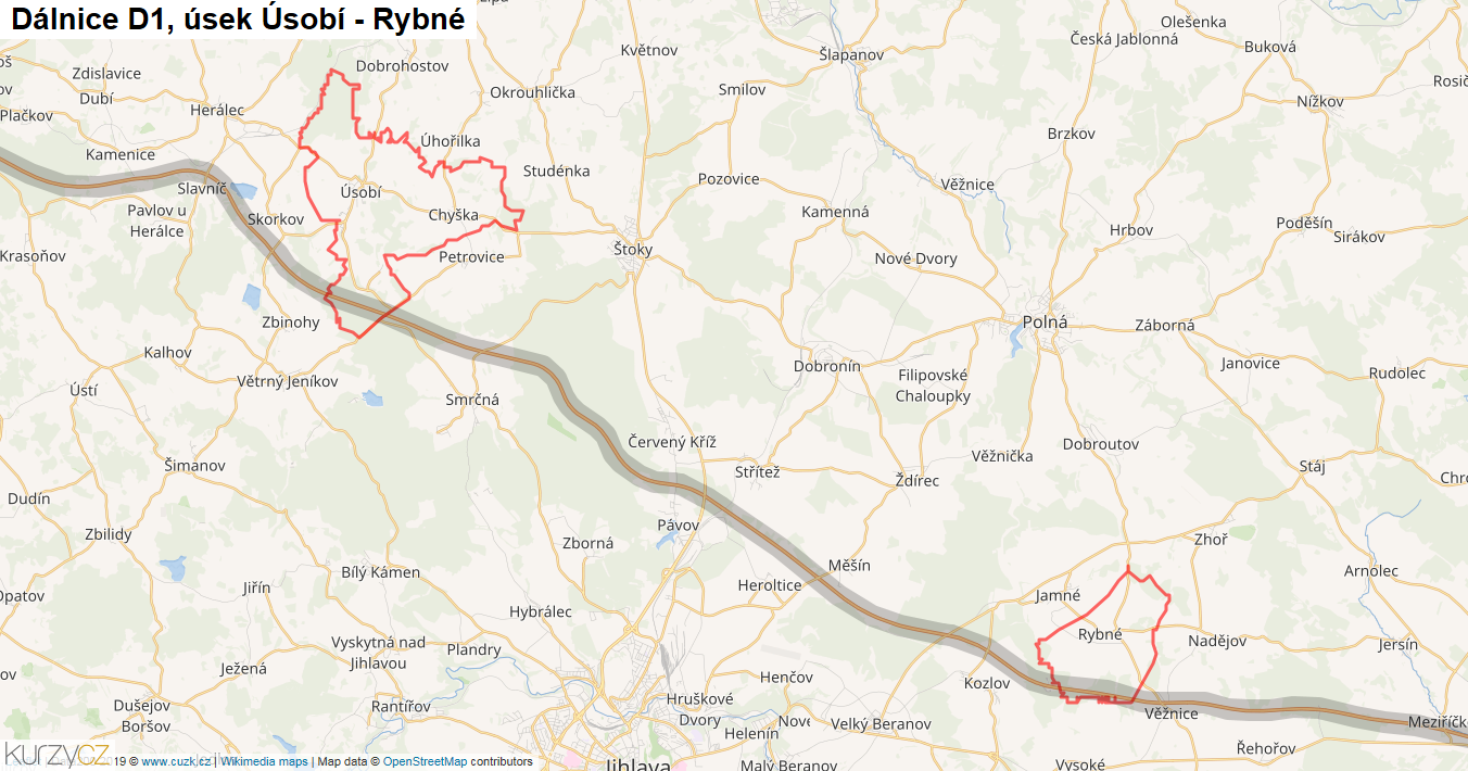 Úsek Úsobí - Rybné, Dálnice D1 - Mapa