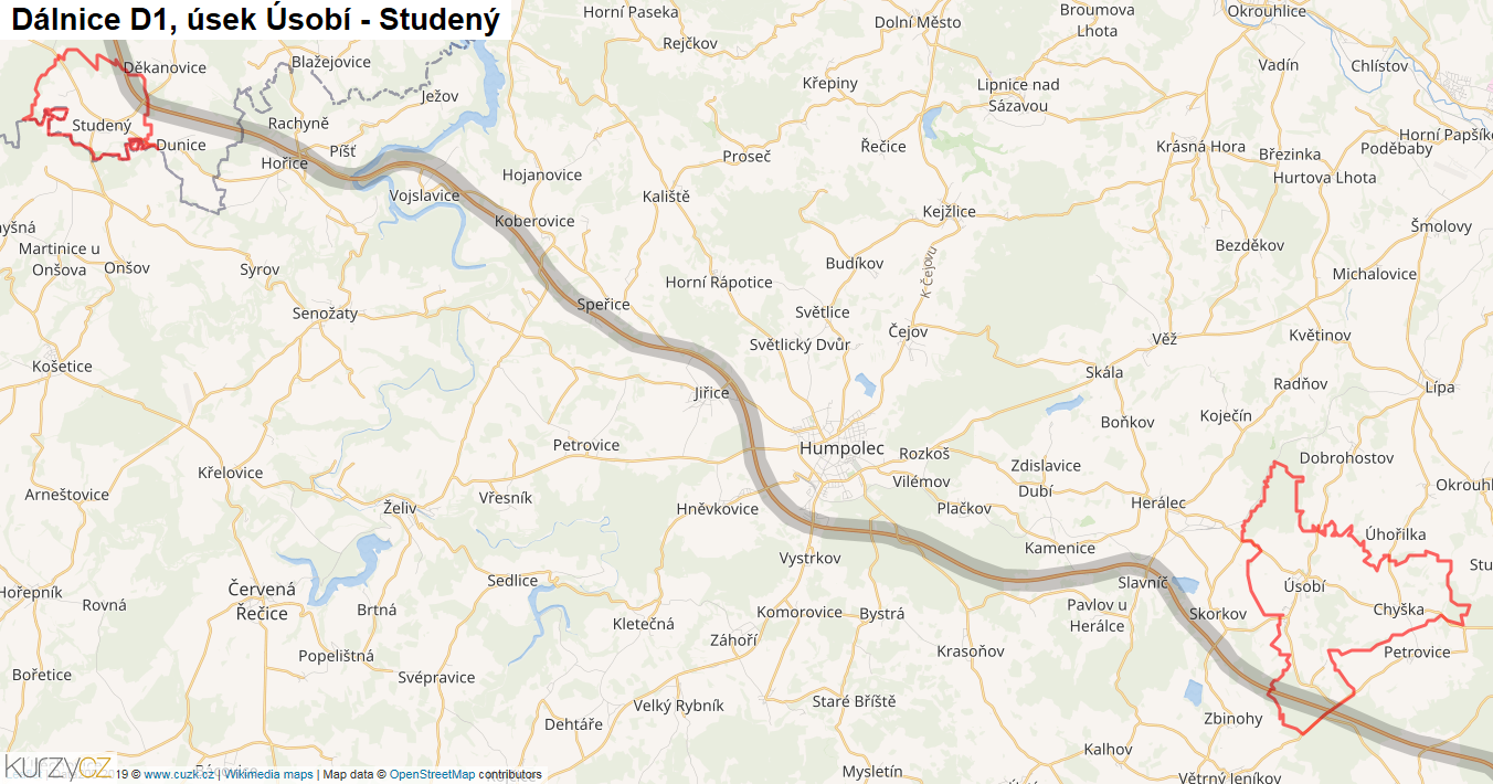 Úsek Úsobí - Studený, Dálnice D1 - Mapa