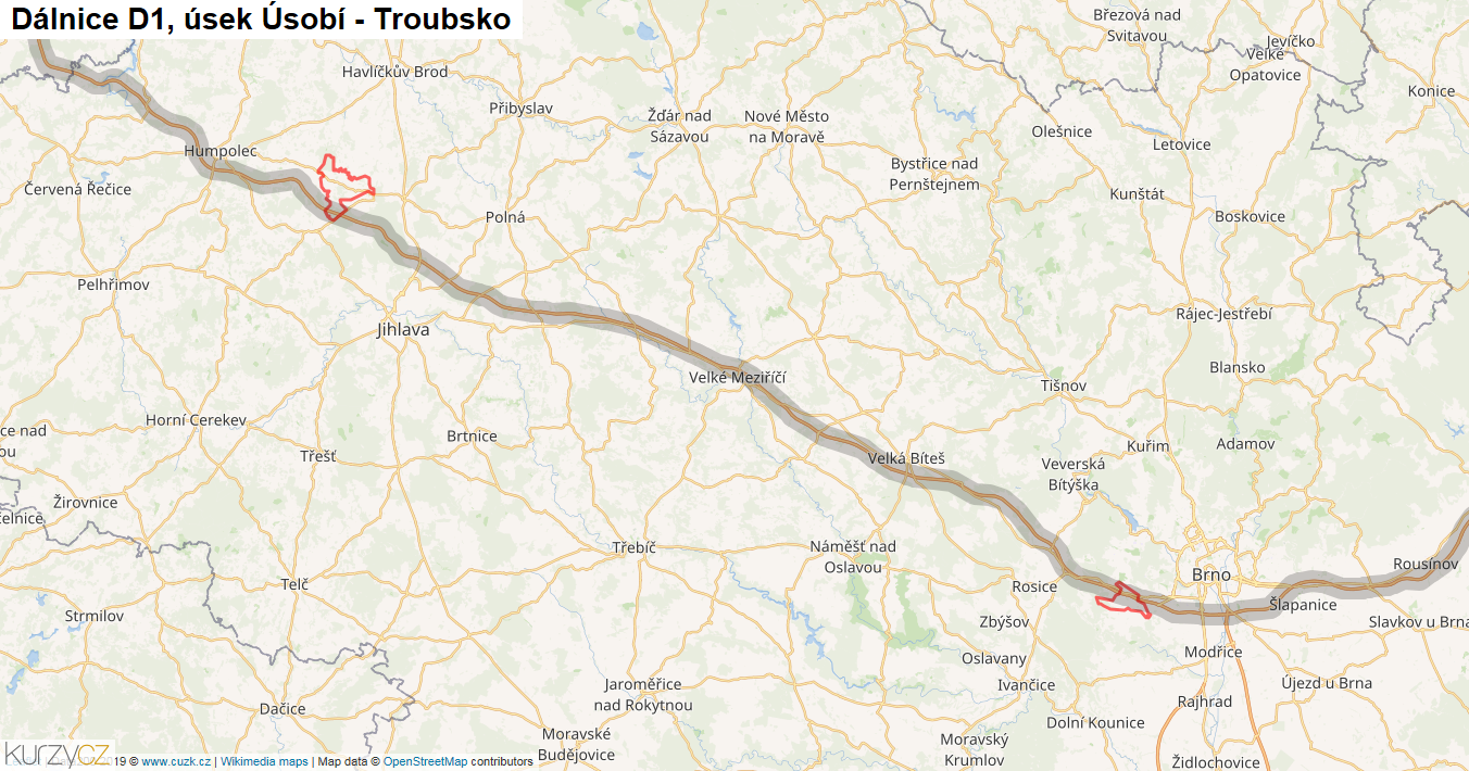 Úsek Úsobí - Troubsko, Dálnice D1 - Mapa