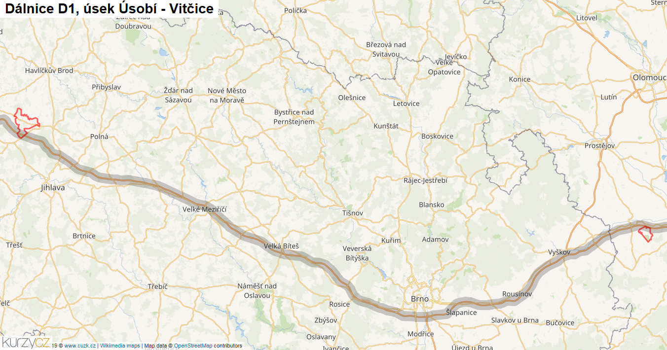 Úsek Úsobí - Vitčice, Dálnice D1 - Mapa