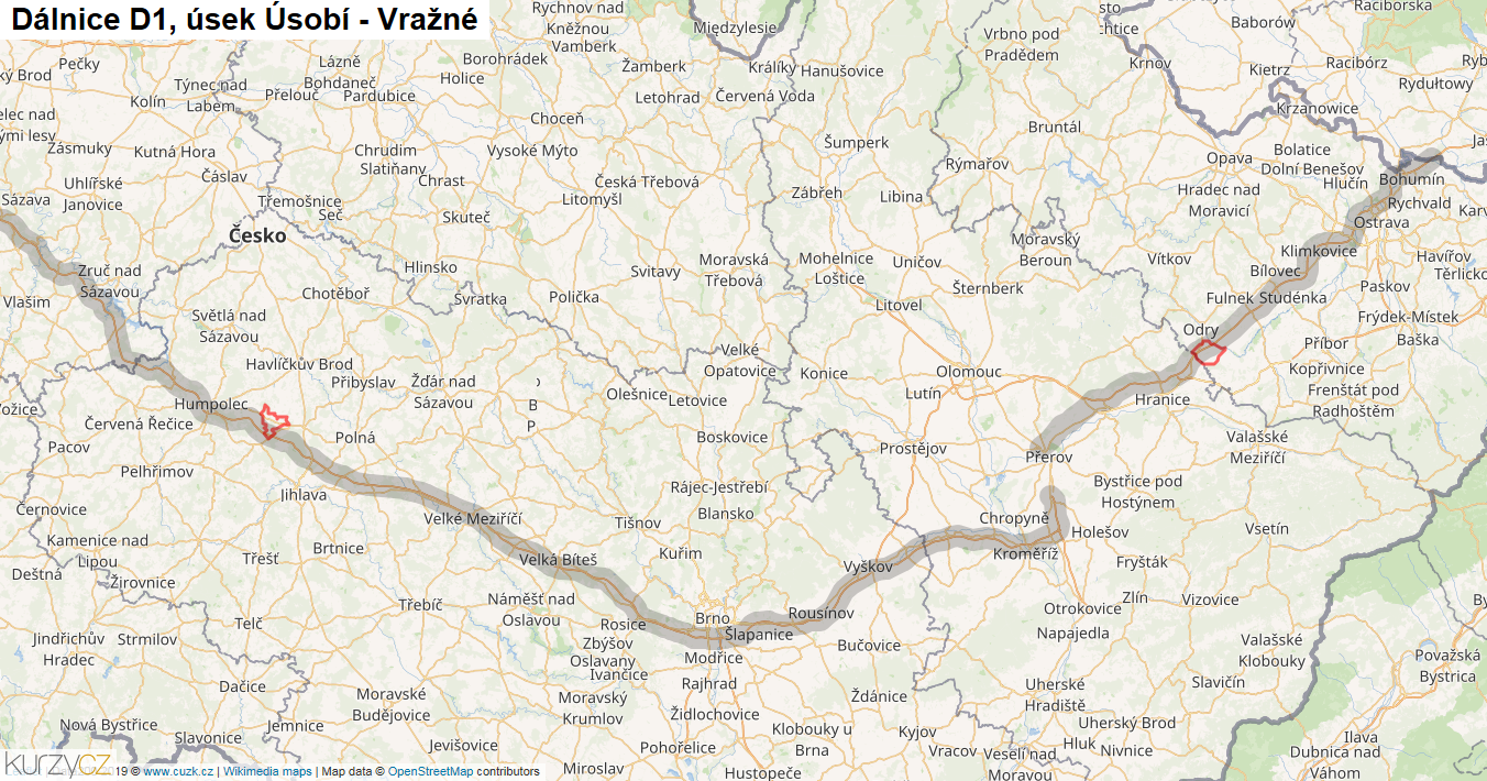 Úsek Úsobí - Vražné, Dálnice D1 - Mapa
