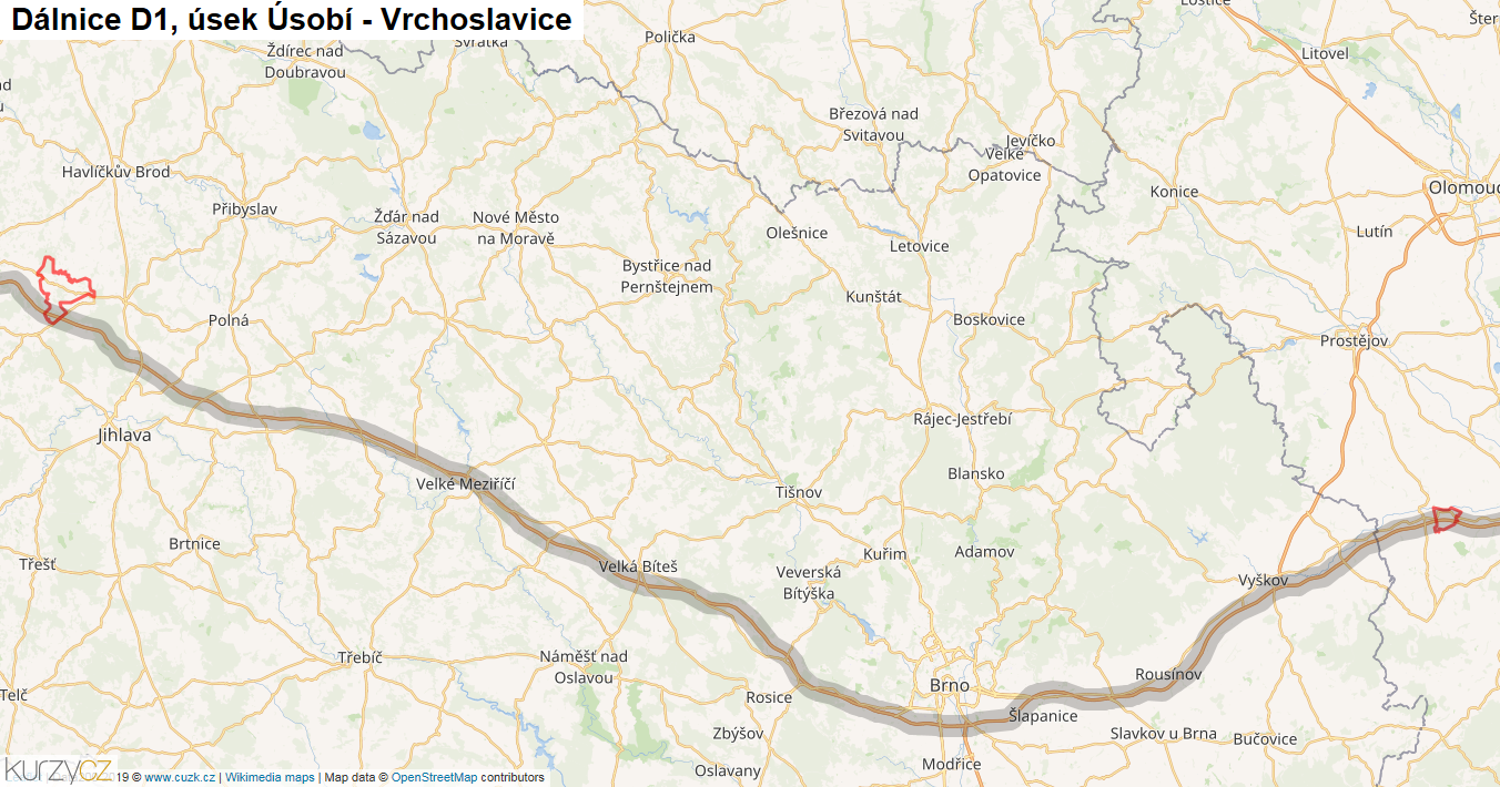 Úsek Úsobí - Vrchoslavice, Dálnice D1 - Mapa