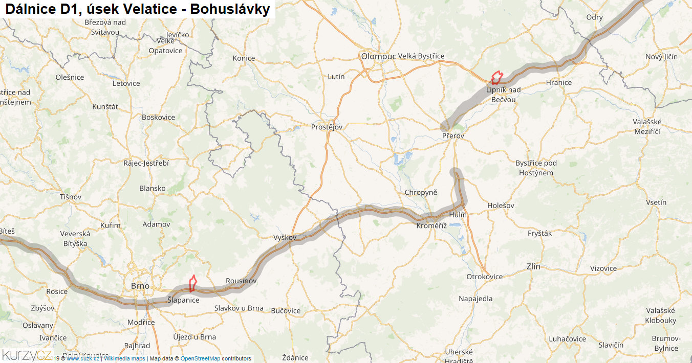 Úsek Velatice - Bohuslávky, Dálnice D1 - Mapa