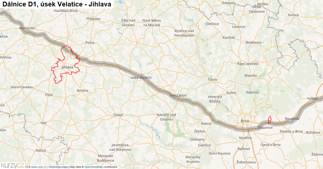 Úsek Velatice - Jihlava, Dálnice D1 - Mapa