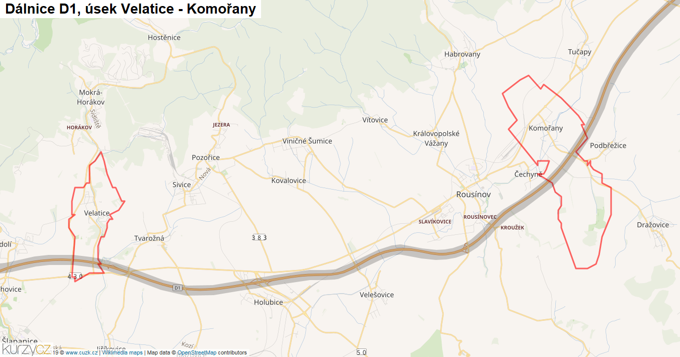 Úsek Velatice - Komořany, Dálnice D1 - Mapa