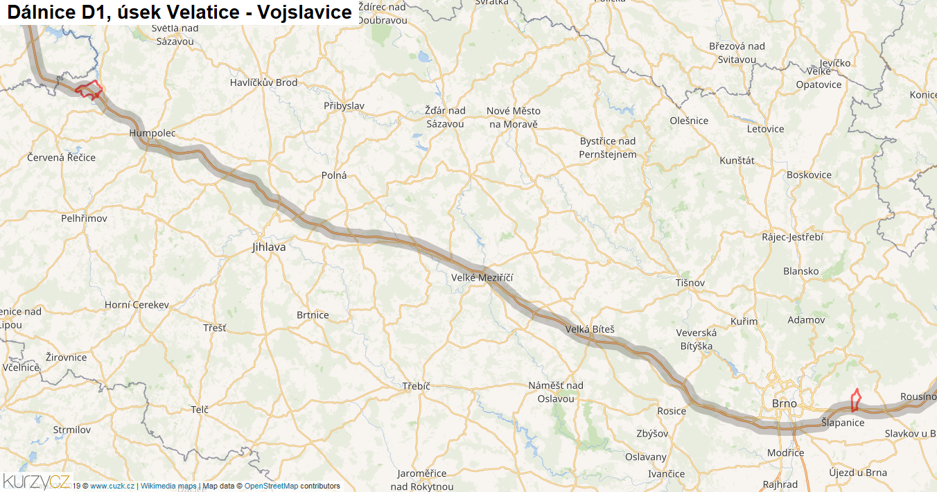 Úsek Velatice - Vojslavice, Dálnice D1 - Mapa