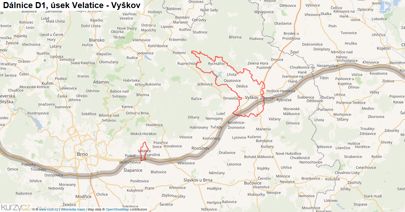 Úsek Velatice - Vyškov, Dálnice D1 - Mapa