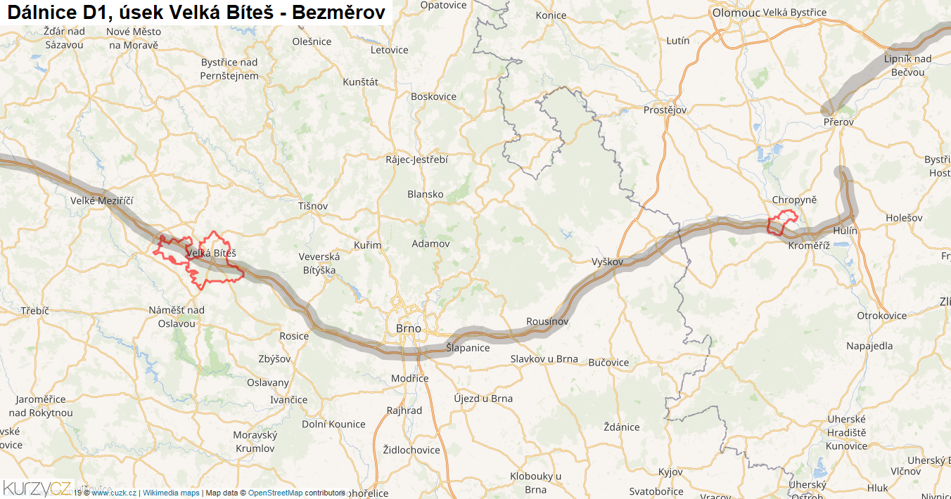 Úsek Velká Bíteš - Bezměrov, Dálnice D1 - Mapa