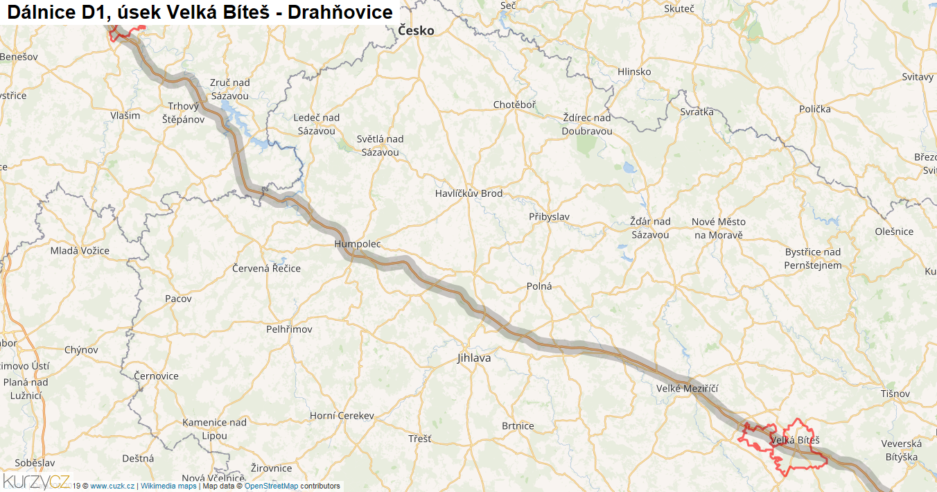 Úsek Velká Bíteš - Drahňovice, Dálnice D1 - Mapa