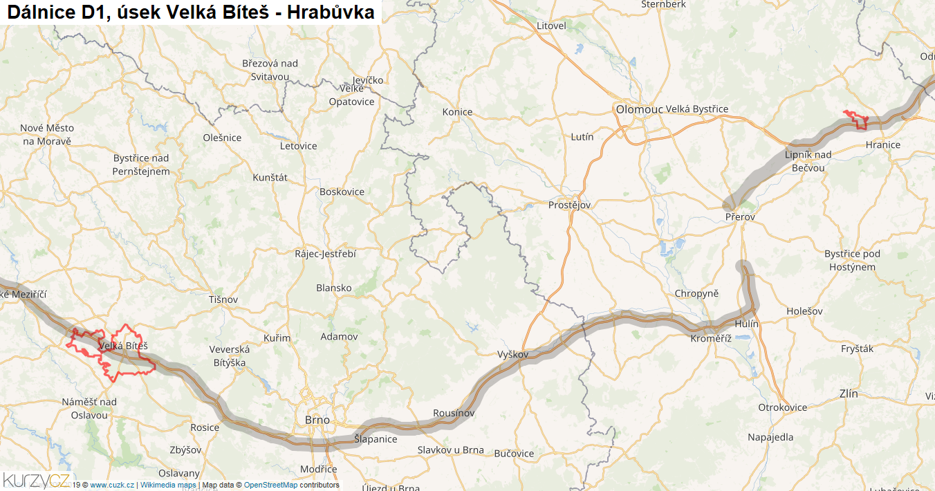 Úsek Velká Bíteš - Hrabůvka, Dálnice D1 - Mapa